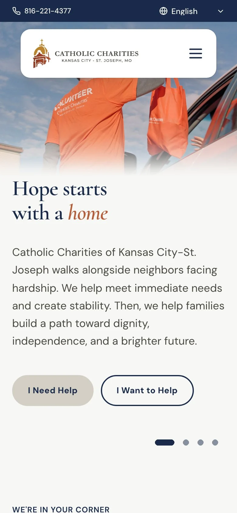 Catholic Charities homepage on mobile