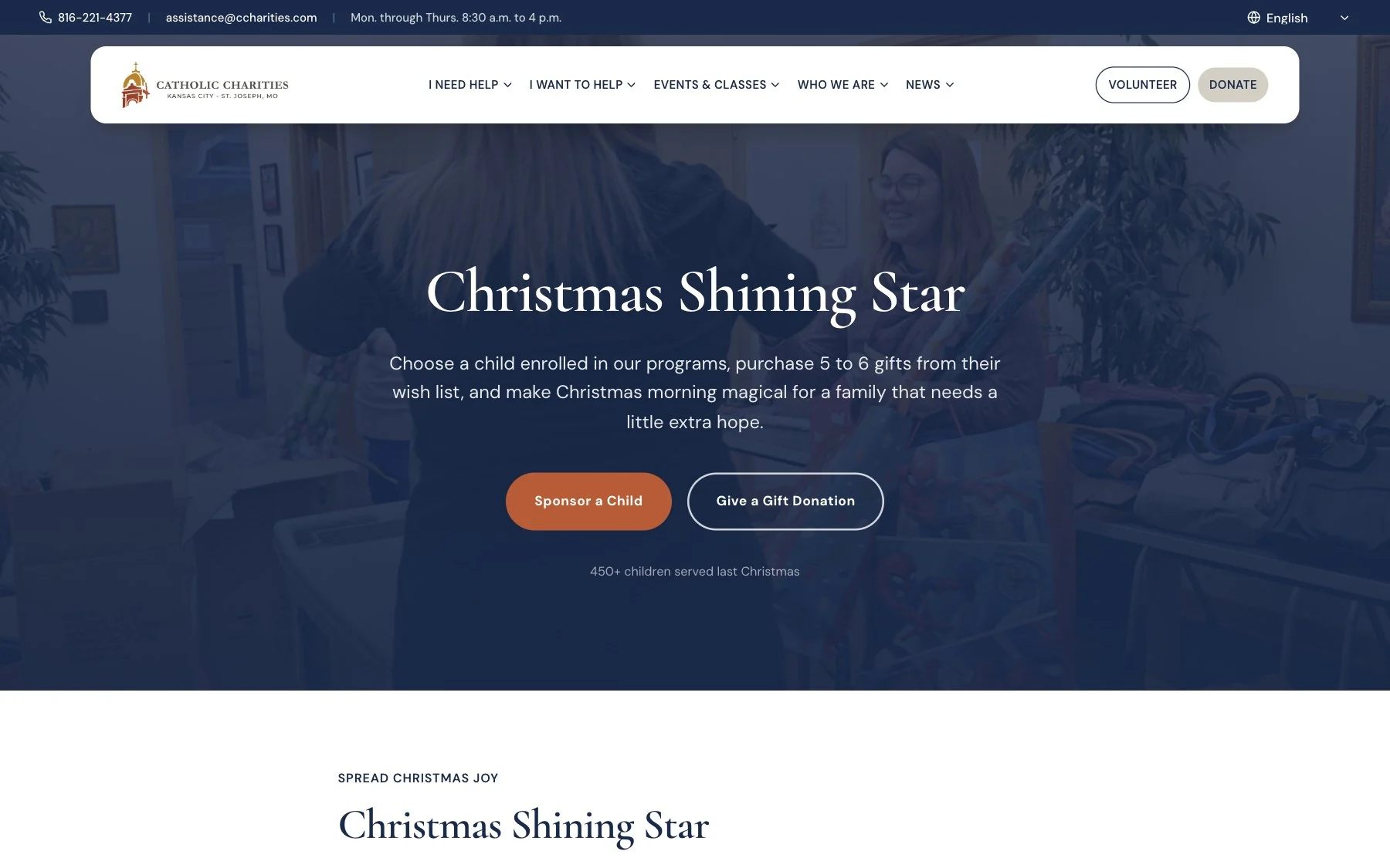 The Christmas Shining Star page with steps to sponsor a child