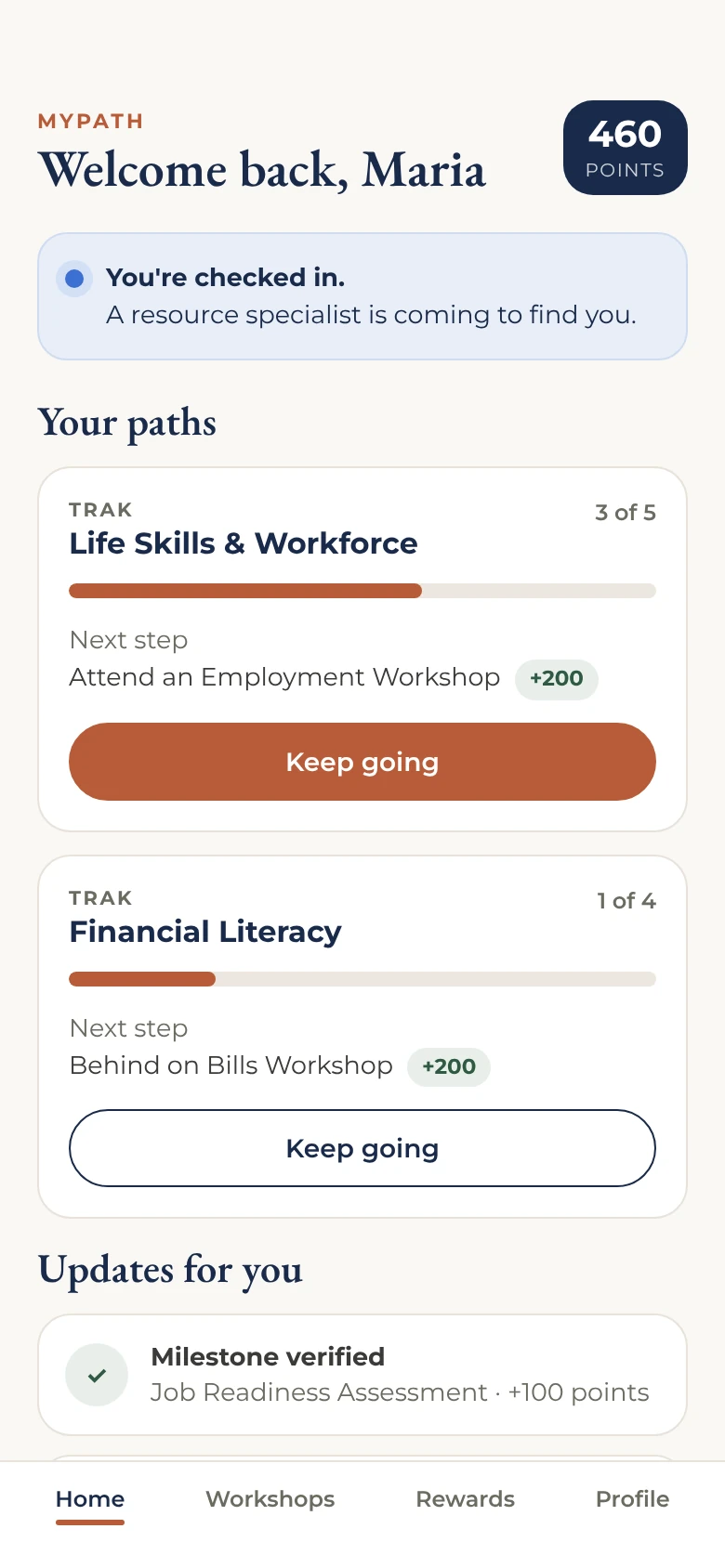 MyPath client dashboard with points balance and path progress (sample data)