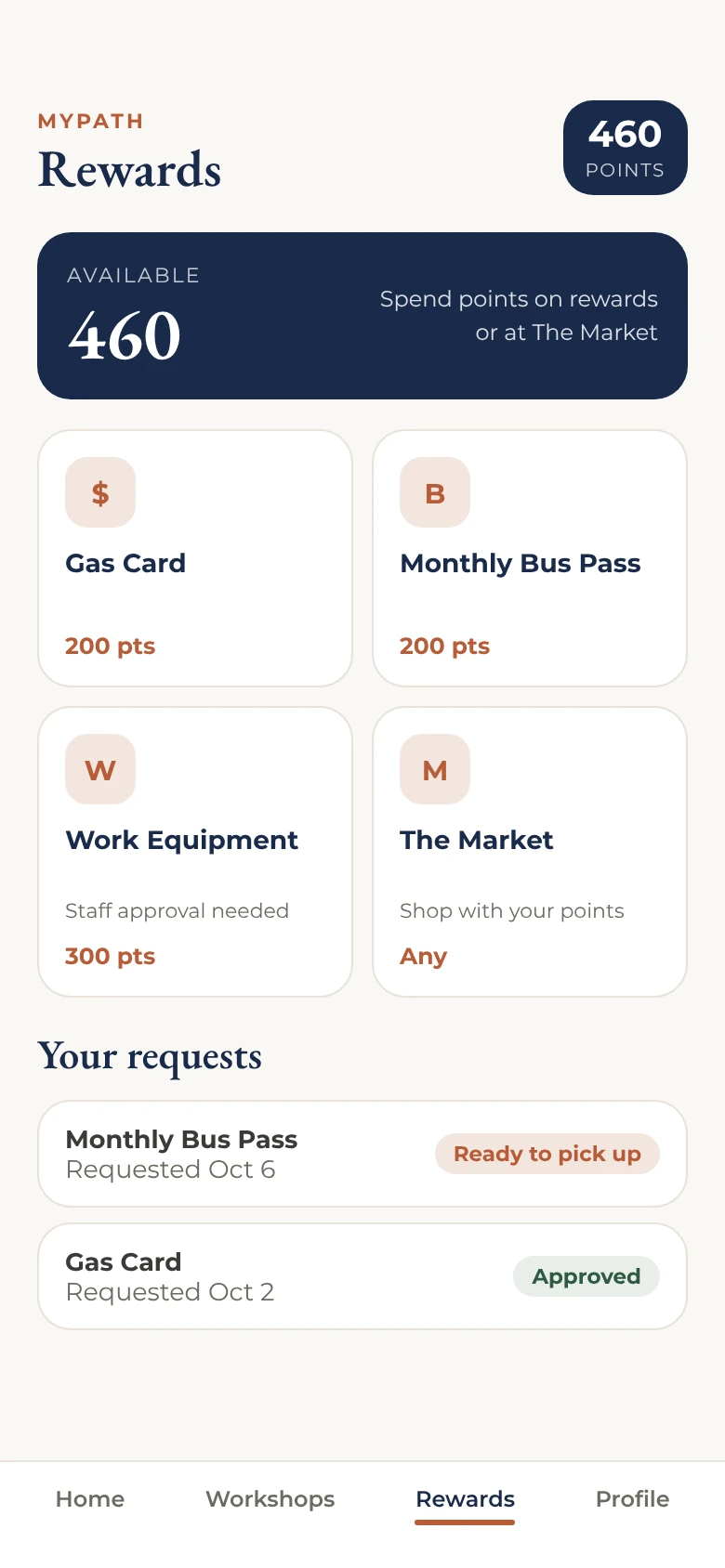 MyPath rewards and request status (sample data)