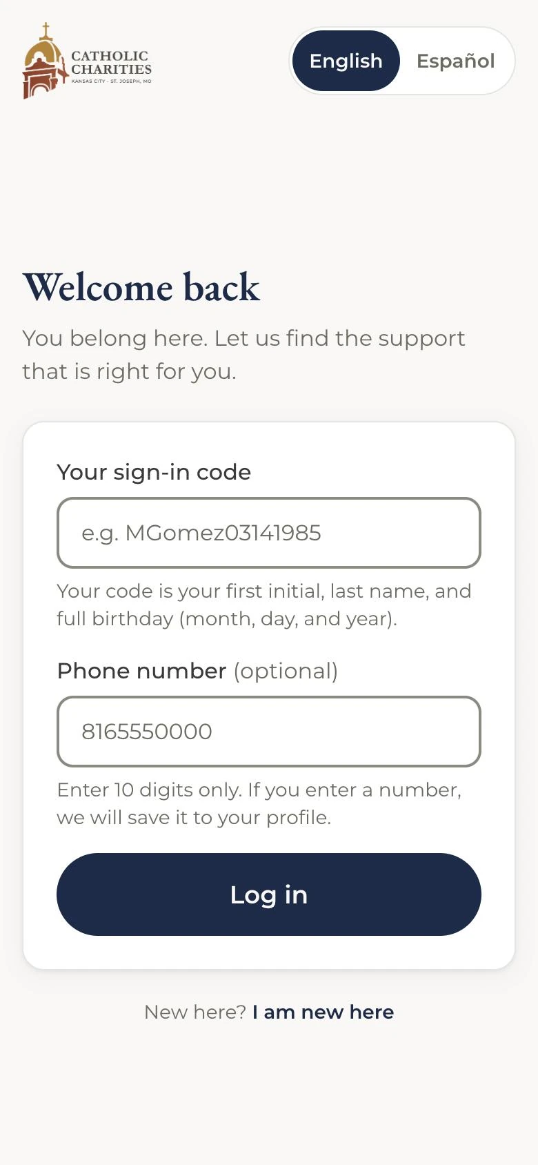 MyPath sign-in screen where returning clients enter their code