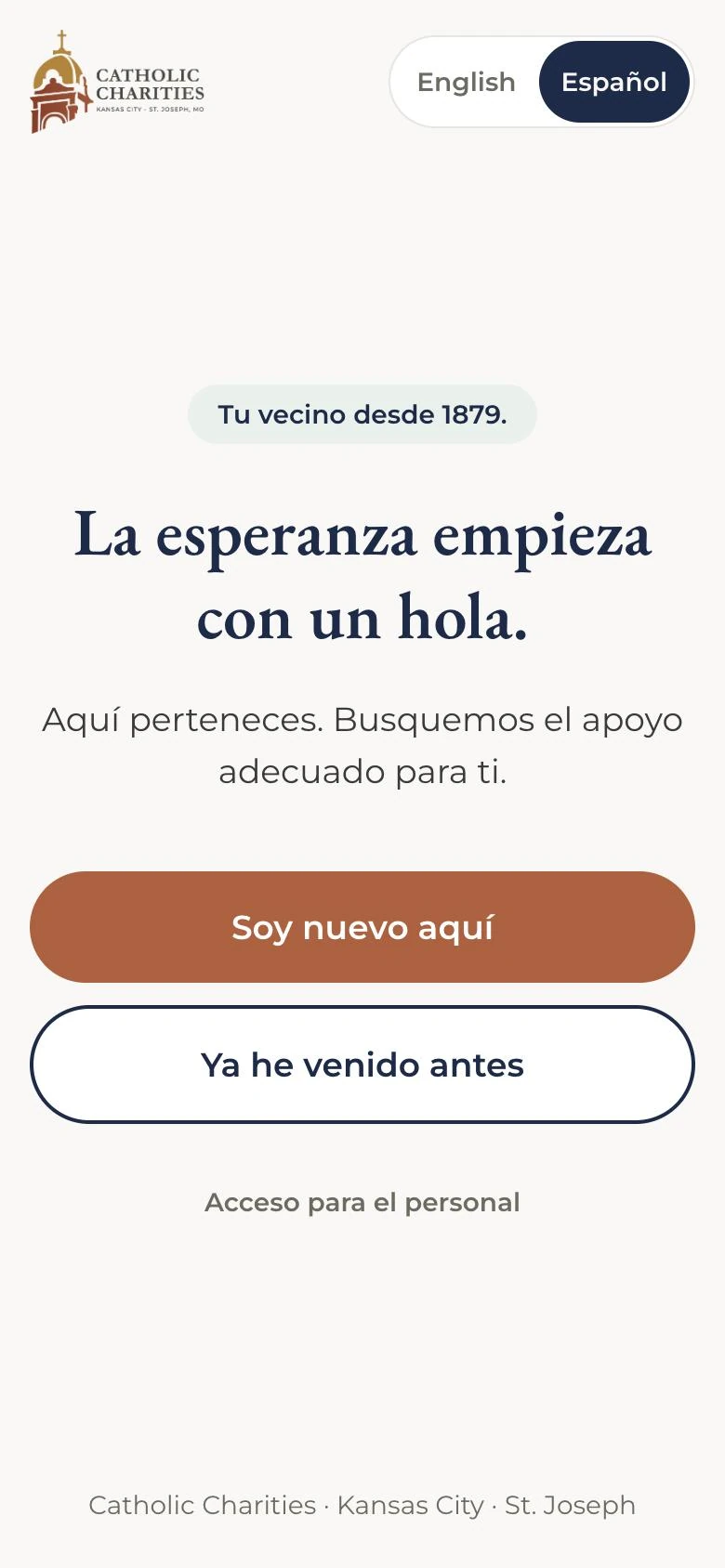 MyPath welcome screen in Spanish, "La esperanza empieza con un hola."