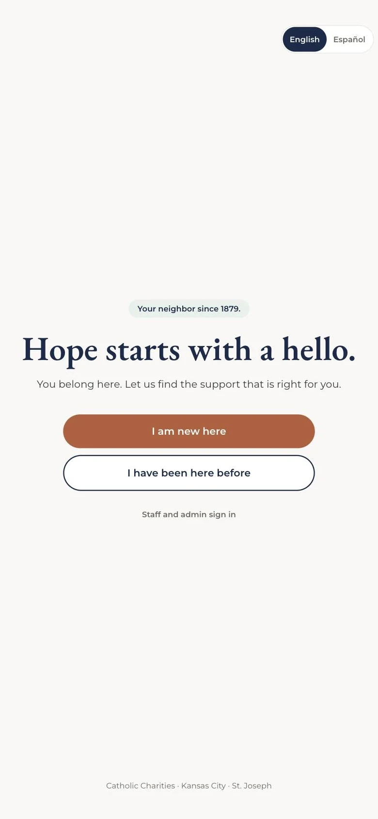 MyPath welcome screen, "Hope starts with a hello," with an English and Español toggle